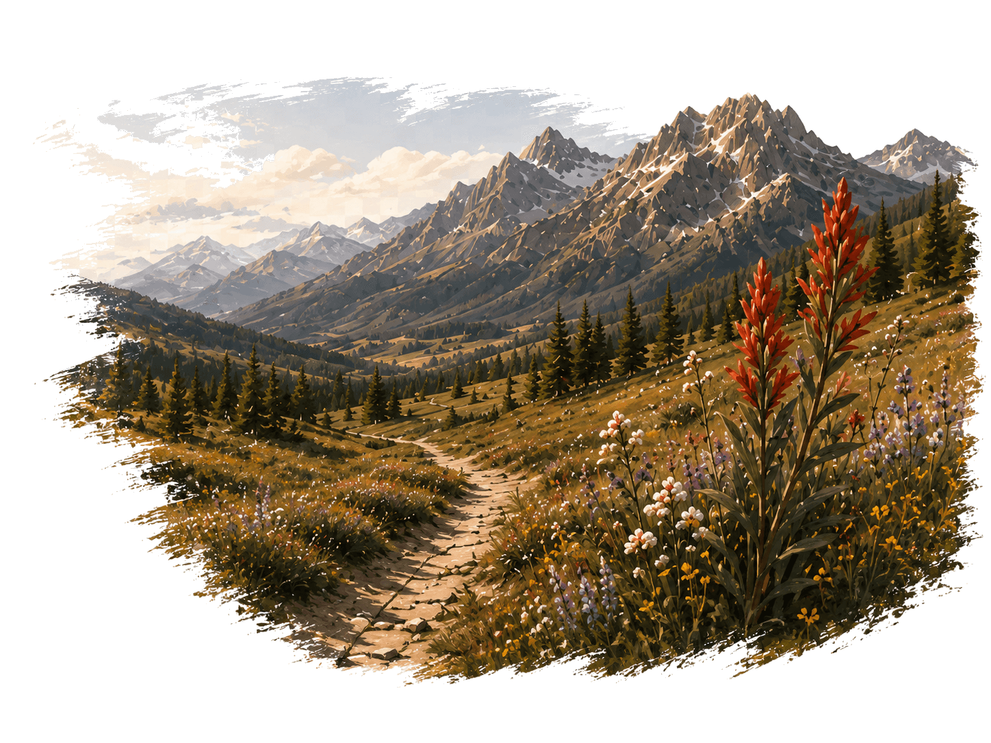 A scenic mountain trail with wildflowers and warm painted edges on the Wildbrush Collective Reflections blog