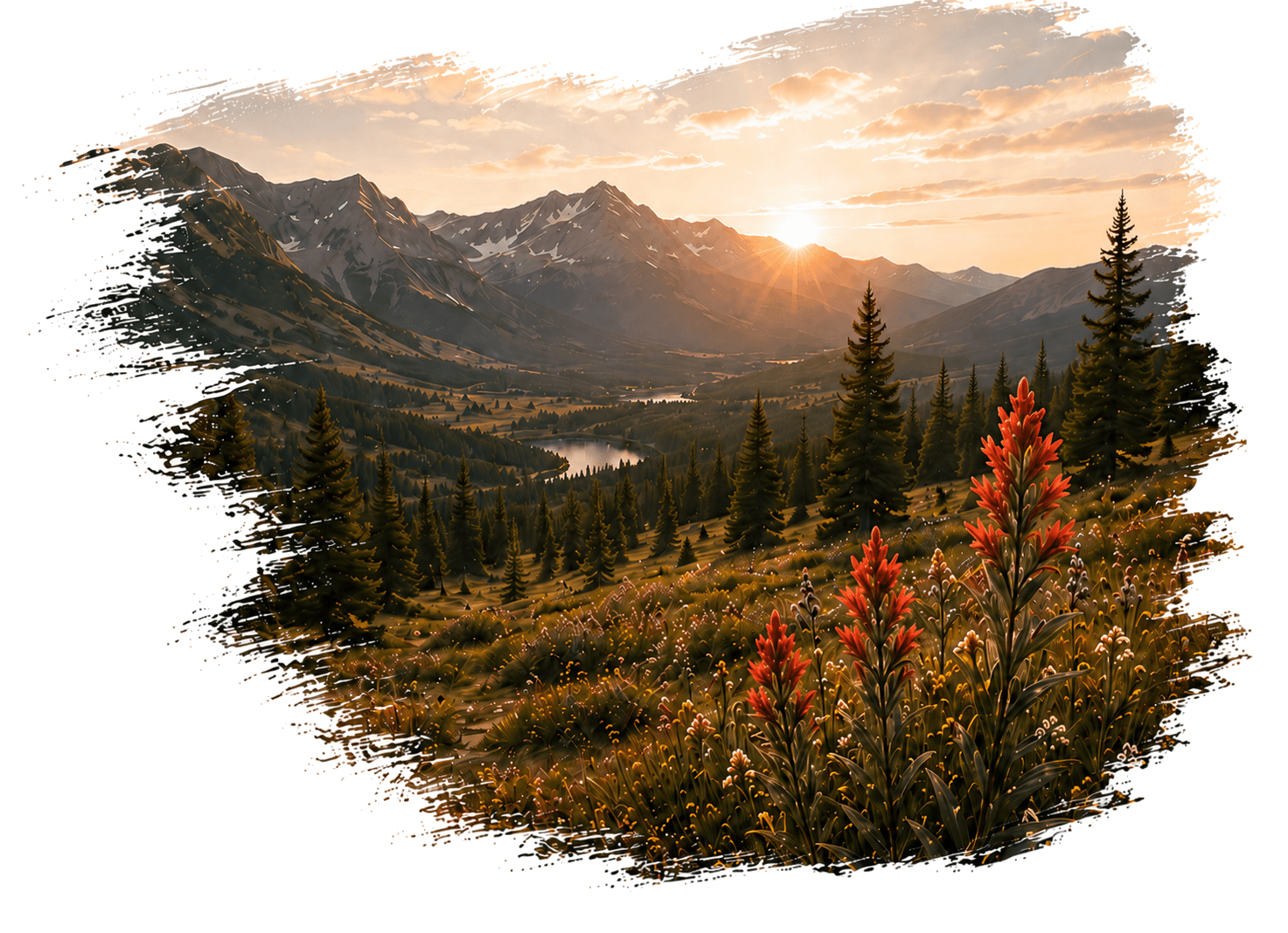 A painted mountain valley at sunrise with pine trees, a winding river, and Indian paintbrush wildflowers
