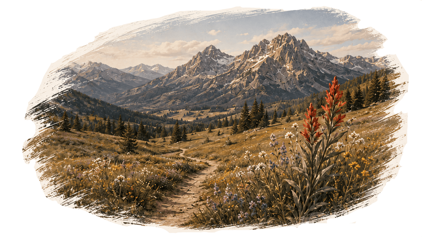 Painterly Montana mountain landscape with a winding trail through meadows of red paintbrush wildflowers, illustrating Wildbrush Collective's mission